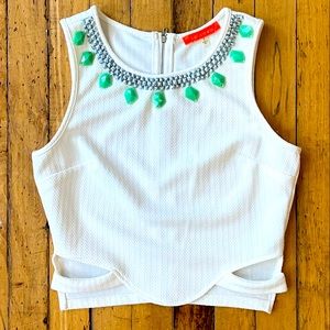 Lulumari Size Small White Blouse with Green Stones. Sleeveless. Never Worn.